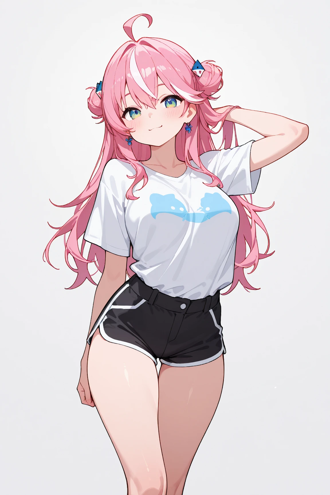 ((highest quality, 8k, tabletop:1.3)), Single, really、1 girl、pink hair、Hair length、small black bar、violet eye、bright eyes、(big, perfect breasts)、white t shirt, crop top, 、leather pants、reclining angle、interact、enjoy、put hands on hips,Curly hair,