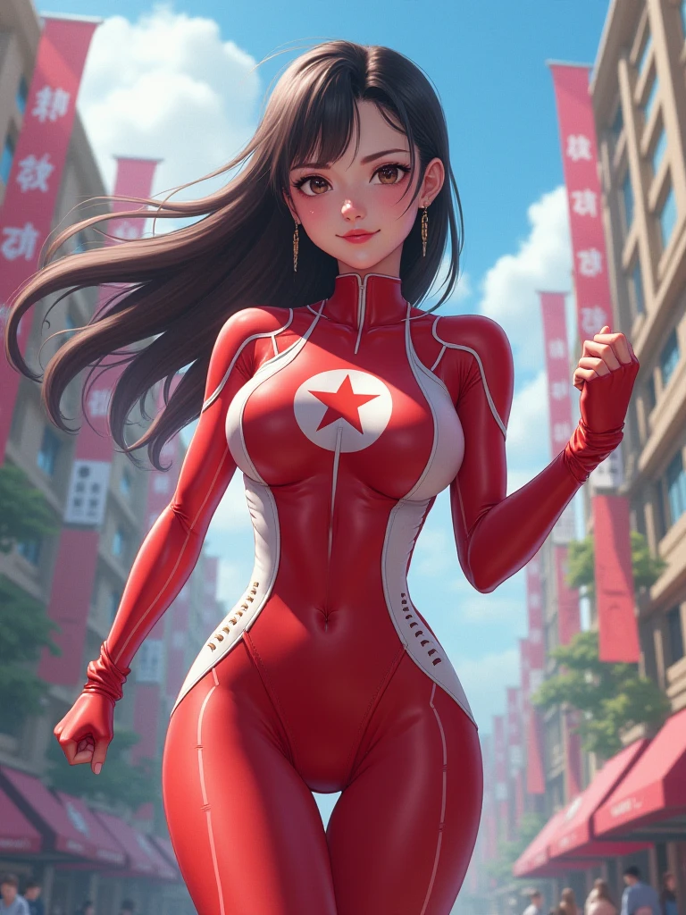 masterpiece, best quality, 1girl, medium breasts, leotard, red leotard with white accents, sleeveless, midriff, bare legs, boots, matching boots, bracelets, city backdrop, solo, single, standing, heroic, full body shot, cowboy shot, beautiful detailed eyes, medium hair, superhero, glow, powering up, light particles