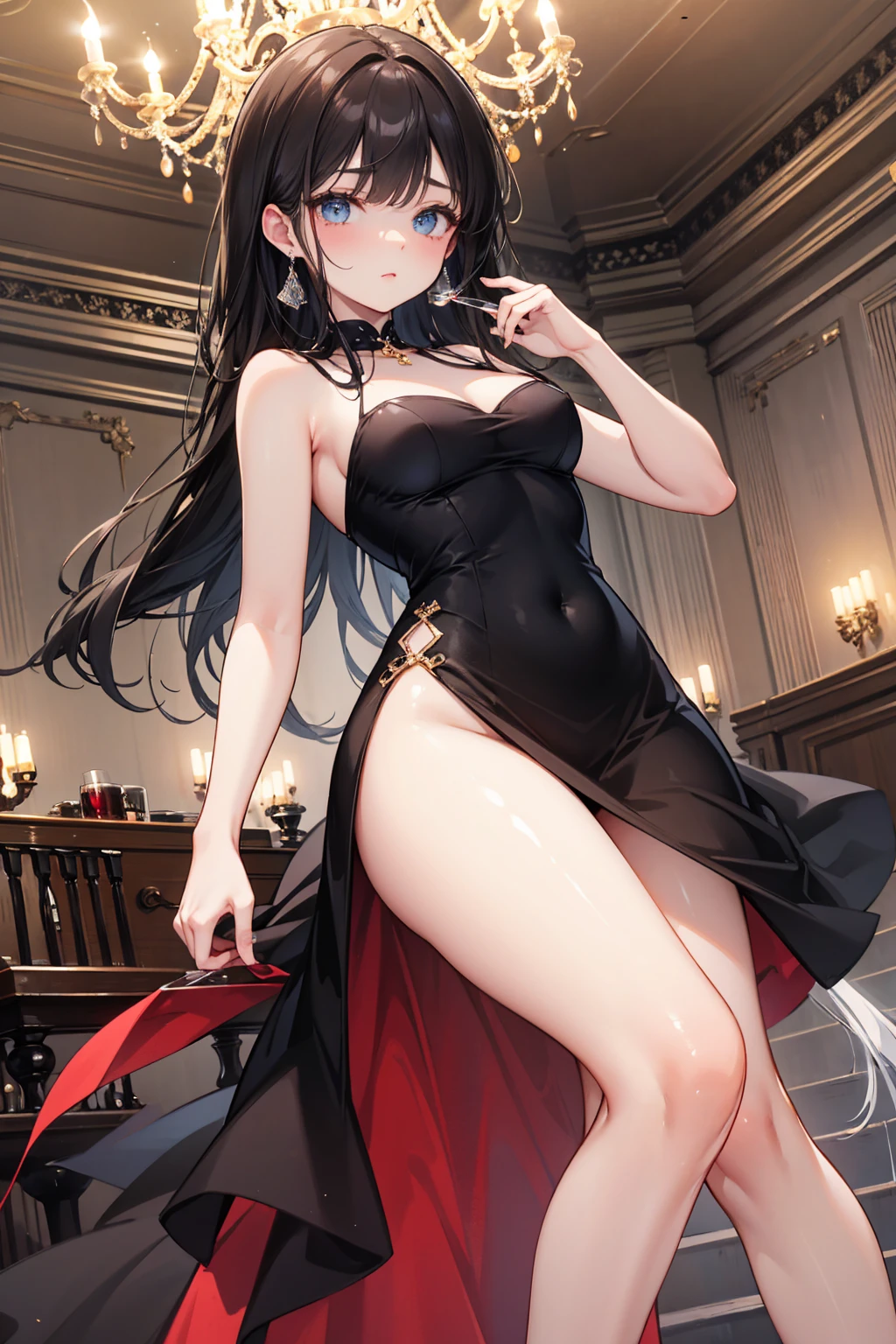 1girl, long black hair, brown eyes, wearing beige silk dress with cleavage, dress with slit, landscape, highres, ultrasharp, 8k, masterpiece, looking at viewer, yorforger, spyxfamily