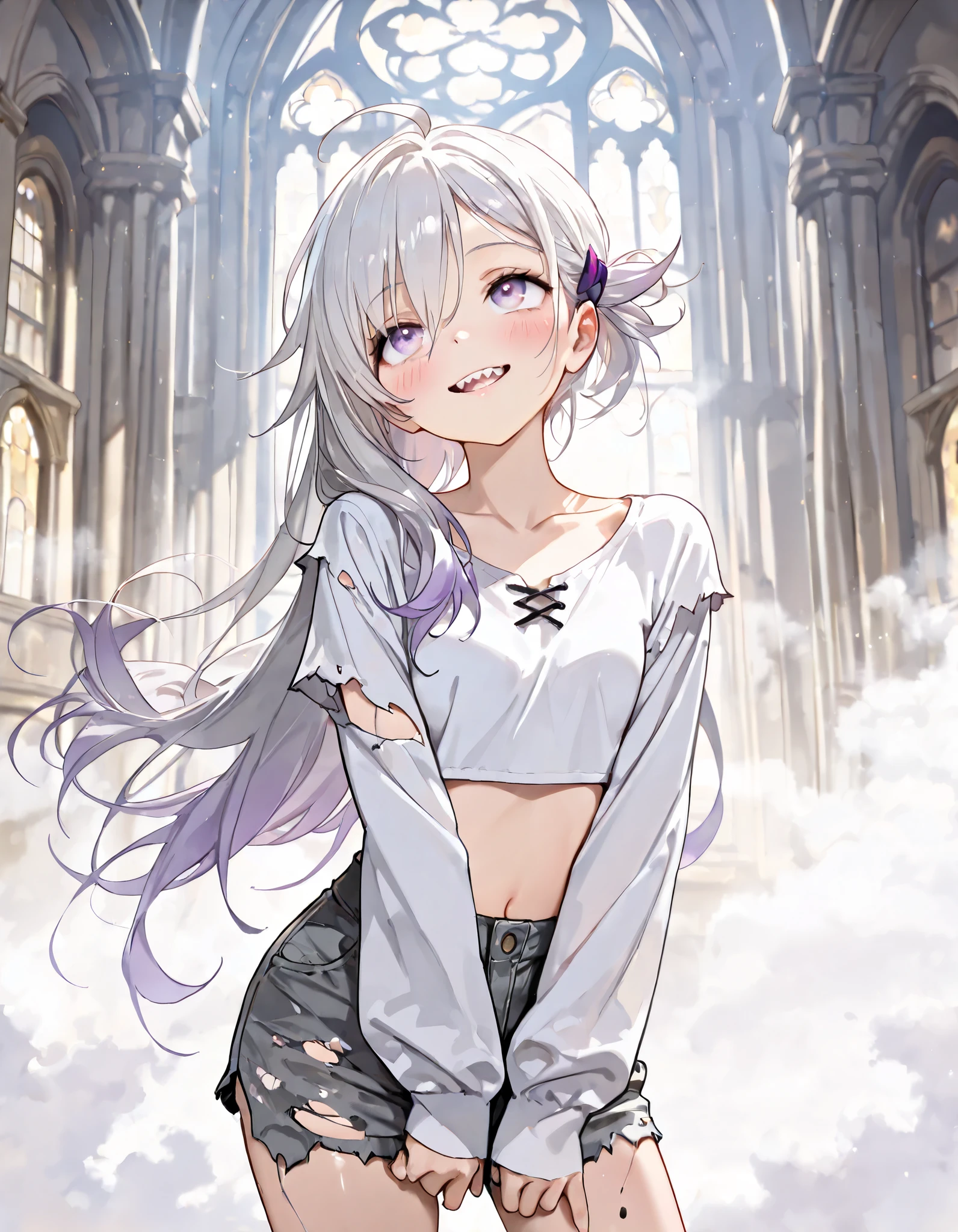((Masterpiece)), ((best quality)), (8K), ((cowboy shot)), (detailed background:1.2), (ultra-detailed:1.2), (High resolution:1.3), (Professional Photography:1.2), (very aesthetic:1.2), (absurdres:1.2), (sharp focus), ((1girl)), age Girl, (Textured skin), Realistic skin, Big eyes, (pale purple eyes, gradient eyes, looking up), (silver hair, messy long hair, Asymmetrical hair), (loose long bangs), gradient hair, purple color Hair Tip, (outside curl hair), small breast, (Healthy Gaunt body), :d, Shark teeth, (crazy smile), blush, (cute cheeks), glossy lips, pouty lips, (lower eyelashes), (tilt head), (Ahoge), (zephyr blow), Beautiful collarbones, BREAK, ((long sleeves cropped shirts, ragged white shirt, torn sleeves)), (slightly exposed Lower abdomen), torn gray shorts, (breast squeezed together), (contrapposto on the spooky Cathedral Hall, legs apart), haunted Cathedral Hall, (Dense fog background, fog effect),