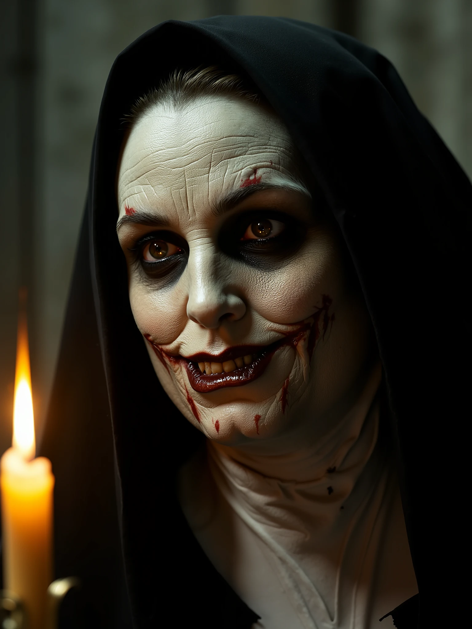 1. Extreme Close-Up Horror Portrait:
A terrifying ultra-realistic close-up portrait of The Nun, her pale, cracked skin revealing deep wrinkles and dark veins, hollow piercing eyes glowing faintly, blackened lips slightly parted revealing sharp, decayed teeth, a sinister smirk forming, her habit torn and slightly frayed, shadows creeping around her face, an eerie candle-lit glow casting unsettling highlights, the atmosphere filled with an ominous mist, hyper-detailed, cinematic horror aesthetic, shot with a Canon EOS R5, RF 85mm f/1.2L lens, dramatic low-key lighting, cold desaturated tones with high contrast
2. Haunting Full-Face Portrait:
A hyper-detailed, chilling portrait of The Nun, her ghastly white face covered in deep cracks and sinister dark patches, soulless black eyes staring through the viewer, veins subtly visible under her sickly pale skin, an eerie grin forming on her thin lips, the dark habit draping over her shoulders, illuminated by flickering candlelight in a gothic stone corridor, unsettling atmosphere, high-resolution cinematic horror photography, shot with a Nikon Z9, 105mm f/1.4 lens, dramatic chiaroscuro lighting, cold desaturated tones with a hint of sickly yellow glow