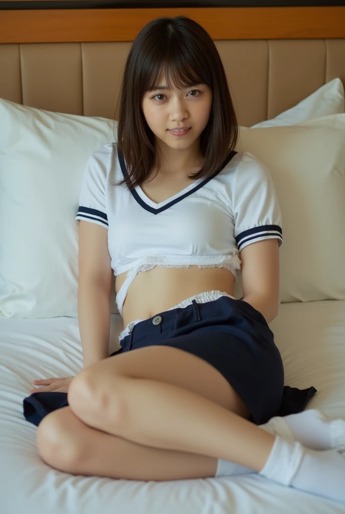 An ultra-high picture quality、Perfect Photo、Japan beautiful girl、17 age、female high-school student、Slender body、Black hair Long hair、With bangs、Cute room、Own room、Raised mini skirt、(Surprised expression)、(hate)、(hatred)、Sit on the bed、Adored expression、(It hurts a lot)、ankle、sole、white sock、drawing knee up、(((White panties are slightly visible)))、Frontal gaze、Do-up、(((The crotch is slightly visible))、close-up shooting、open pink blouse、