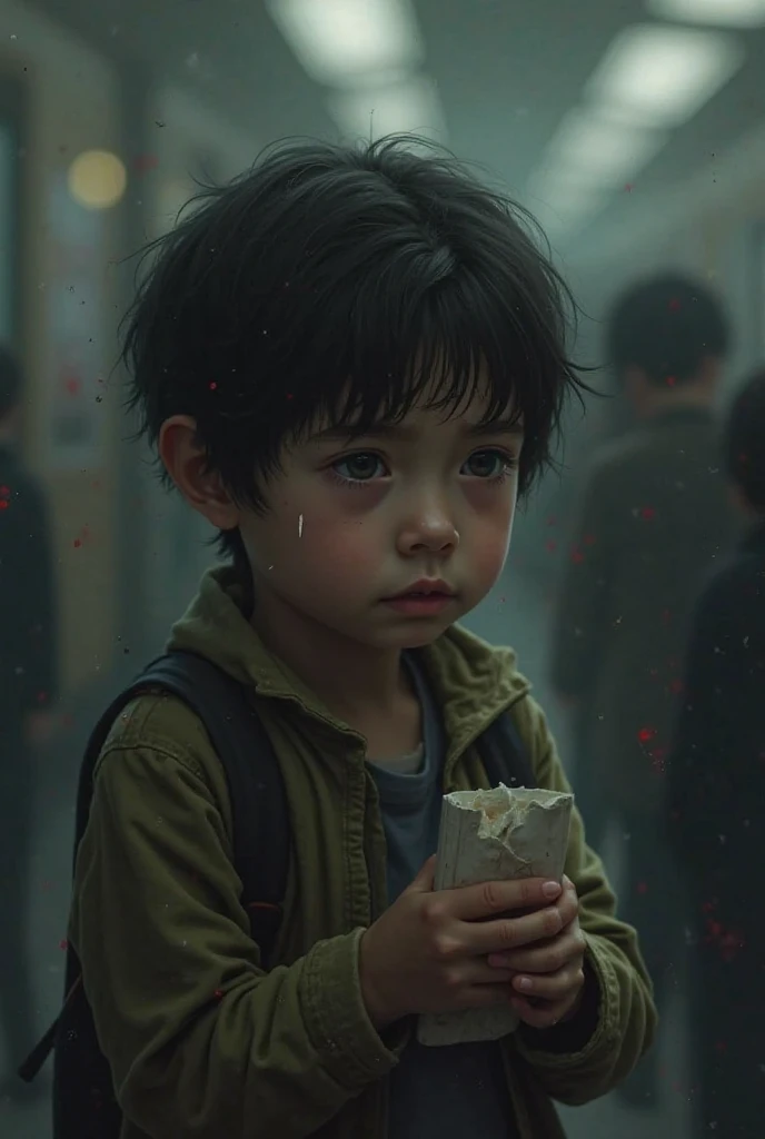 Child crying in the rain on a dark day 