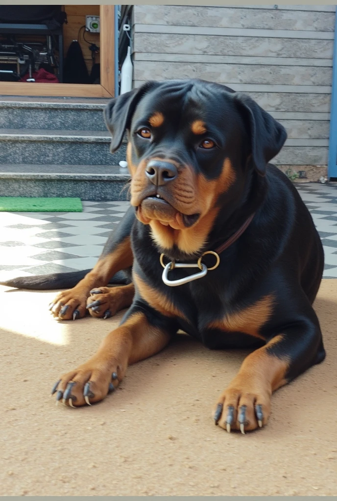 Create an image of a robust, well-trained Rottweiler, sitting impeccably and patiently awaiting its owner's orders. The dog must appear attentive and obedient, with a firm and confident posture. The owner, who must be standing in front of the dog, must show a calm and authoritative presence. The setting should be calm and can be a garden or a well-lit room.