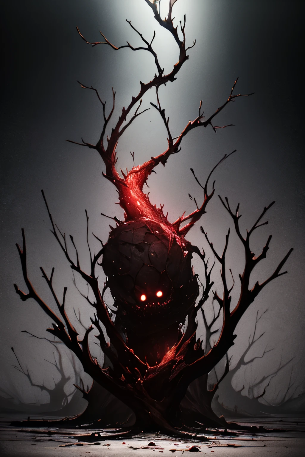 *"A nightmarish entity with dark red skin, torn and ulcerated, like exposed and rotten flesh. Its head is elongated and deformed, with multiple hollow black eyes, without expression, that seem to absorb light. His mouth is an unnatural crack full of irregular and sharp teeth, open in a terrifying grimace. From their skull emerge rusty metal spines, some embedded in the flesh, oozing a dark and viscous substance.
Their body is thin and grotesquely elongated, with limbs that twist at uneven angles possible. Their arms end in disproportionate fingers, with long, chipped nails, that seem to be in constant spasm. On his torso, a huge throbbing cavity It reveals exposed organs, beating irregularly, connected by black, fibrous veins that twist like worms.
The background is a nightmarish landscape: a barren wasteland, covered in a greyish haze and dead trees, whose branches look like skeletal hands trying to catch something. The atmosphere is imbued with a sick glow, as if the air were contaminated. Amorphous shadows are they move in the distance, creating the feeling that something else is lurking in the environment.
The art has a hyperrealistic and disturbing style, with grainy textures and a touch of glitch, as if the image were corrupted. Ominous lighting with high contrast, making the most grotesque details stand out with terrifying clarity. Inspired by surreal horror, the art of nightmares and extreme body horror."*