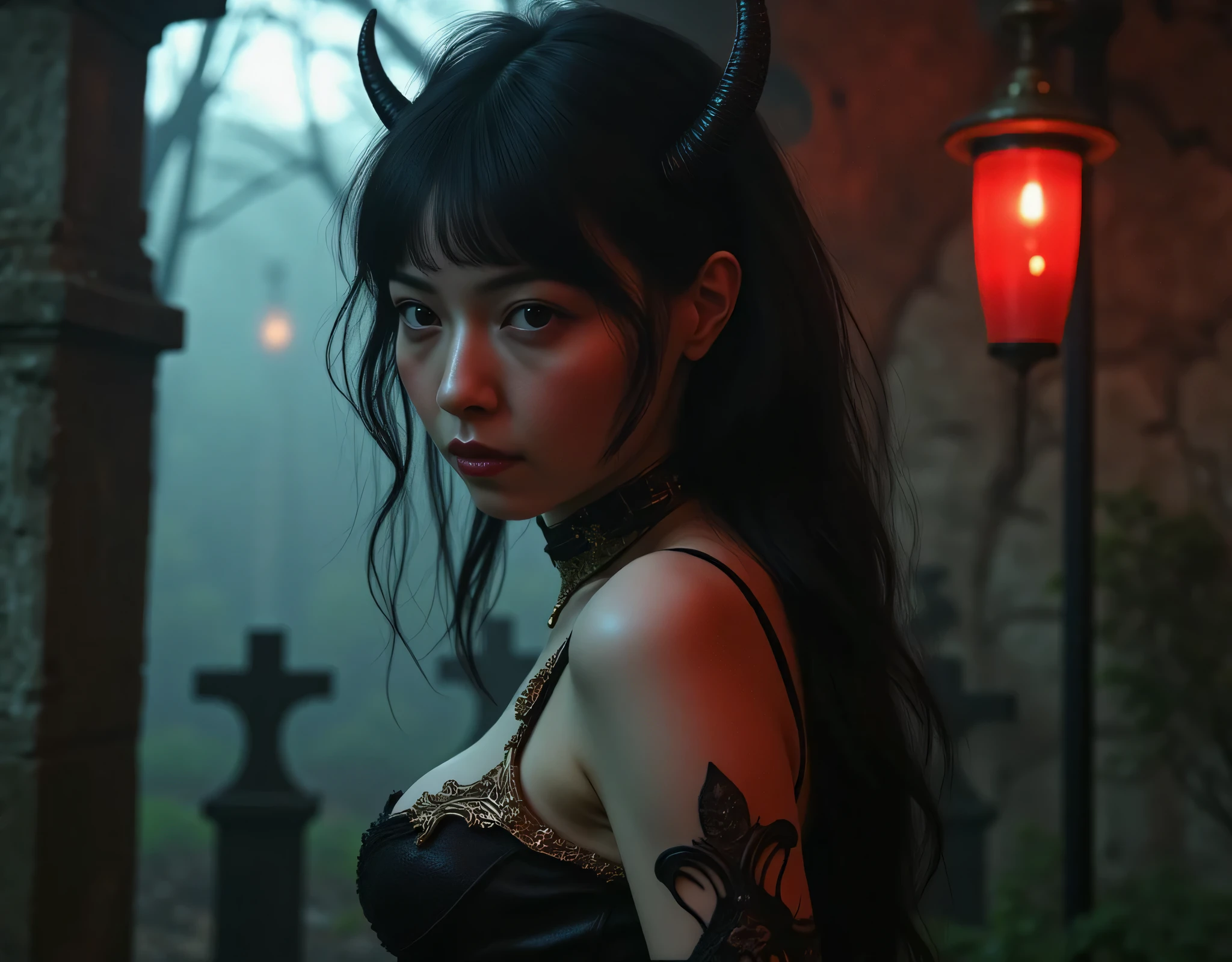 (((Dark bedroom in ruins:2.0))),(((gothic horror atmosphere:2.0))),(((Pinch your butt with a Japanese sword:2.0))),side view from the back,Side pose,((looks back and look at the camera:2.0)),(( looking back over my shoulder :2.0)),Rear View,((full body:2.0)),one woman,(Cute Face),(Beautiful well-balanced face ),((long hair with bangs:2.0)),( black hair:1.5),(beautiful eyes:1.3),a glamorous shot of a 20-year-old Japanese woman, Slender Beautiful Body ,((model body type:2.0)),(( slim body with hot water:1.7)),perfect body line,ideal proportions,(big breasts:2.0),Bare thighs,sensual thighs seen from below the crowd,delicate body,( Muscular:1.5),A harmonious posture,((Beautiful ass:2.0)),((cute ass:2.0)), ((((Bare ass :2.0)))),((( T-back :2.0))),(Realistic breast depiction :1.5),carefully depicts her limbs based on perfect anatomy,((Succubus style black super high leg leotard:2.0)),((SM Queen style latex super high leg leotard:1.5)),((covered in sperm:2.5)),((Large devil wings on the back:2.0)),(Big devil horns:1.5),Concept Art,(Top Quality:1.5),(masterpiece:1.5),(Ultra-high resolution),resolution,UHD,( delicate depiction), carefully drawn with butterfly wings ,32K,((realistic skin texture:1.5)),((( super realistic :1.5))), eyelashes,very detailed face,Highly detailed female hand,Very sensual,(Blurry Dim Backgrounds :1.5),professional photo shoot,(movie light:2.0),((Blade Runner-style lighting:2.0))