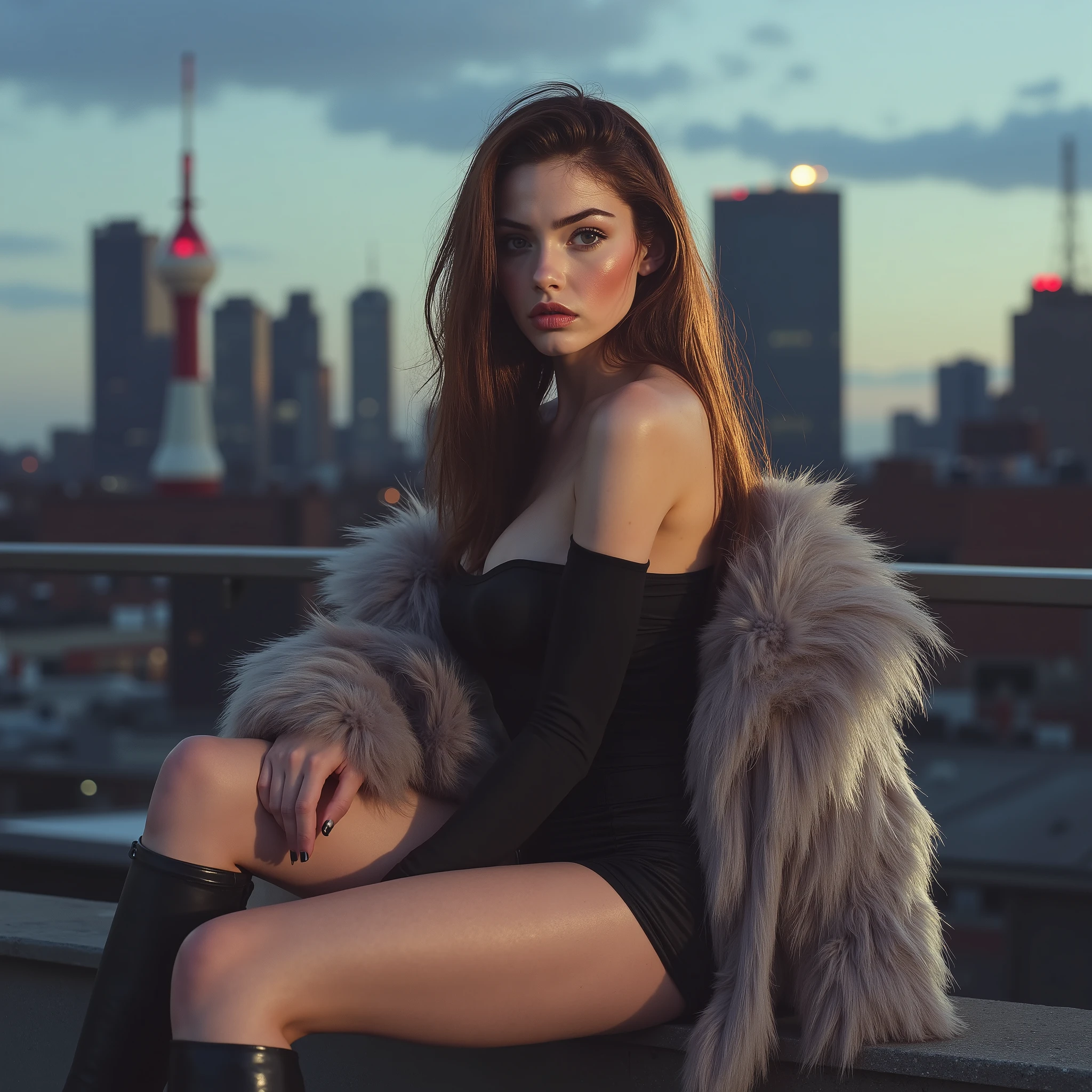 Professional photographic shot of a beautiful woman with long, straight, dark brown hair flowing naturally. She has delicate facial features, with expressive eyes, a straight nose, and full lips. Her skin is fair, glowing under the warm golden light of the sunset. She is wearing a black off-the-shoulder dress that hugs her slender figure, paired with knee-high black leather boots. Draped over her arms is a light gray faux fur coat, adding a touch of sophistication. The setting is an urban rooftop at dusk, with a city skyline, tall buildings, and a red and white tower in the background. The sky is a soft blue with wisps of clouds. She poses confidently, sitting with one leg bent and the other extended, her head slightly tilted, and her gaze intense and mysterious. The golden backlighting highlights her hair and the fur texture, while the background remains subtly blurred, creating a cinematic depth of field. The ambiance is modern, stylish, and cosmopolitan.