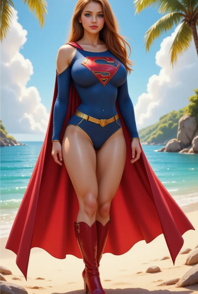 NSFW (nude) (Supergirl ((human)) medium breasts, strip of pubic hair) fully body, walking on a deserted beach