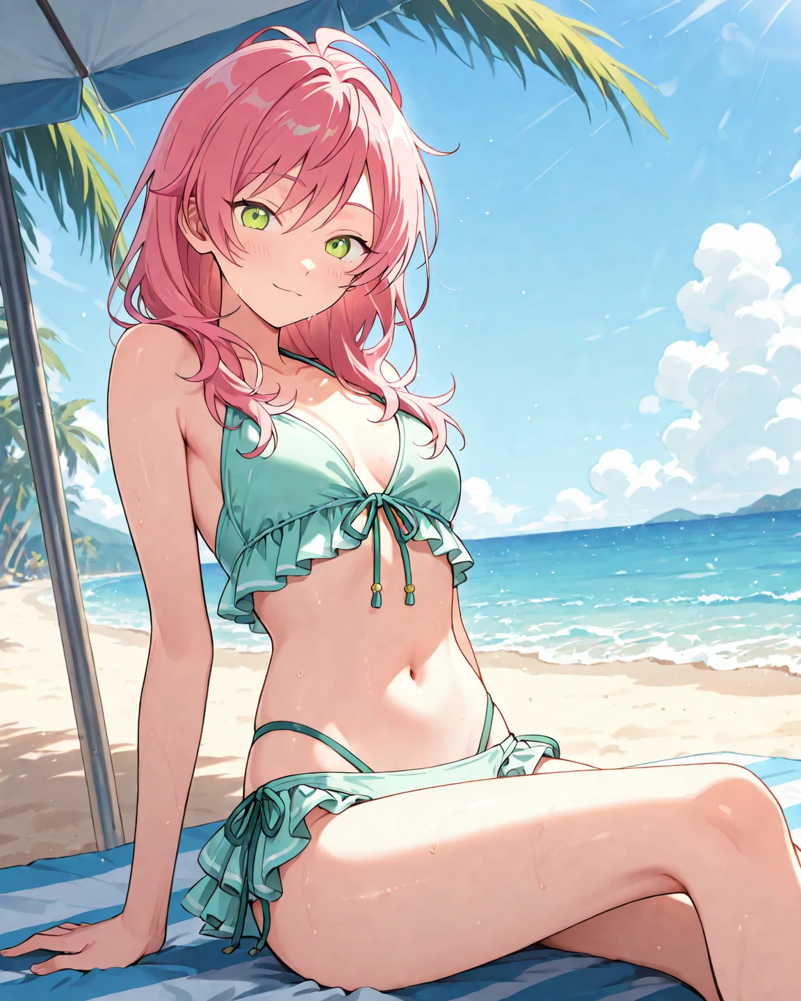 haruno sakura, side tie bikini, medium breast, slim legs, sunny day, standing, Beach, leaning