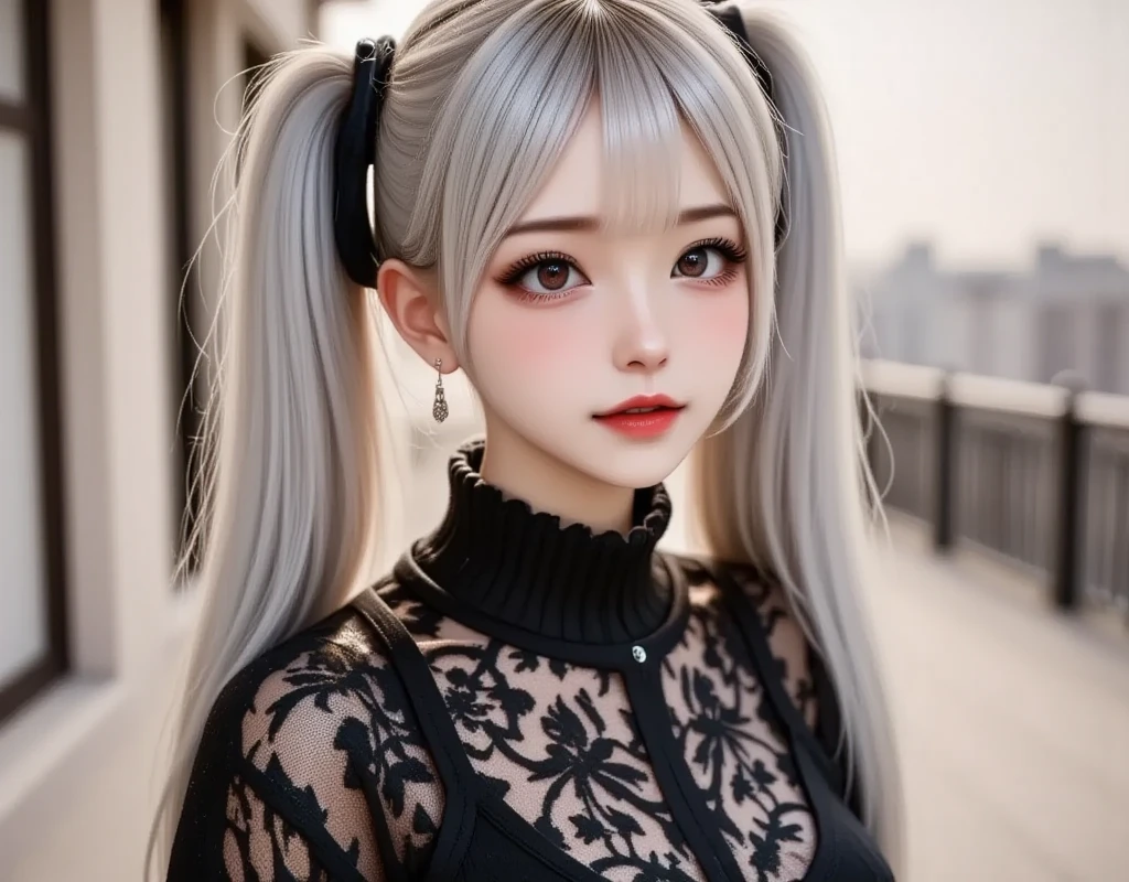upper body, a badass GothGal, 28 years old, (caligirl:1.3), slaying it, wearing a red GothGal outfit, red dress, ribbon, frills, Pouty lips, Long eyelashes, Full eyebrows, Full eyelids, thick lips, rosy cheeks, cuteness overload , moody atmosphere, dimples, Resist her cuteness!!!, cute smile, fair pale skin, oily skin, radiant eyes, (Bun hair cut), (Platinum silver hair color), light beams streaming through haze, black and white, grainy, <lora:edgGothGal_MINI:1>