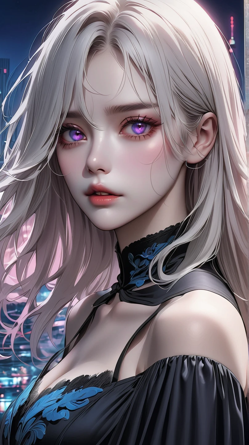 masterpiece, the best, 1 female, mature woman, Woman with long silver hair, pale pink lips, bright purple pupils，sexy woman