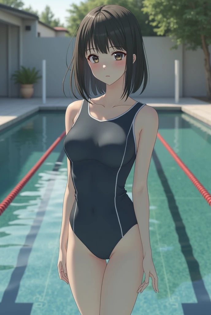 ((masterpiece, best quality)),((highres:1.2)), 1 Girl, solo, Blurred Background, (((Small breasts))), Thighs, (One piece swimsuit), pool, ((hard pose))