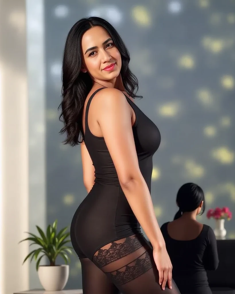 photograph, dslr photo, (8k, 4k, masterpiece), beautiful pretty sexy woman, sitting on stool, (legs apart), leaning back, posing, hands on thighs, (focus on toned legs), boudoir, solo, 1girl, one body, (cleavage:1.2), (natural breasts), long black hair, slim body, dark red dress, low cut, thin shoulder straps, slinky, (wide shoulders), (extraarms:1.2), (woman with four arms), (top arms extended), (top arms on chair), (bottom hands on lap), (lizzy caplan), elvira, femme fatale