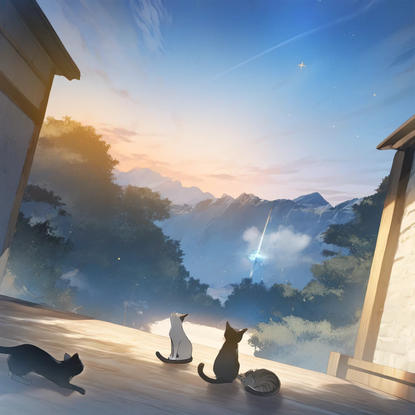 animal, cat, focus cat, outdoors, game CG, fantasy, japan, break,(artist:akinashi_yuu),artist:fujiyama,artist:artist:yuugen,break,break,(masterpiece), (best quality), (ultra-detailed),(Detailed Lighting), very aesthetic, newest,