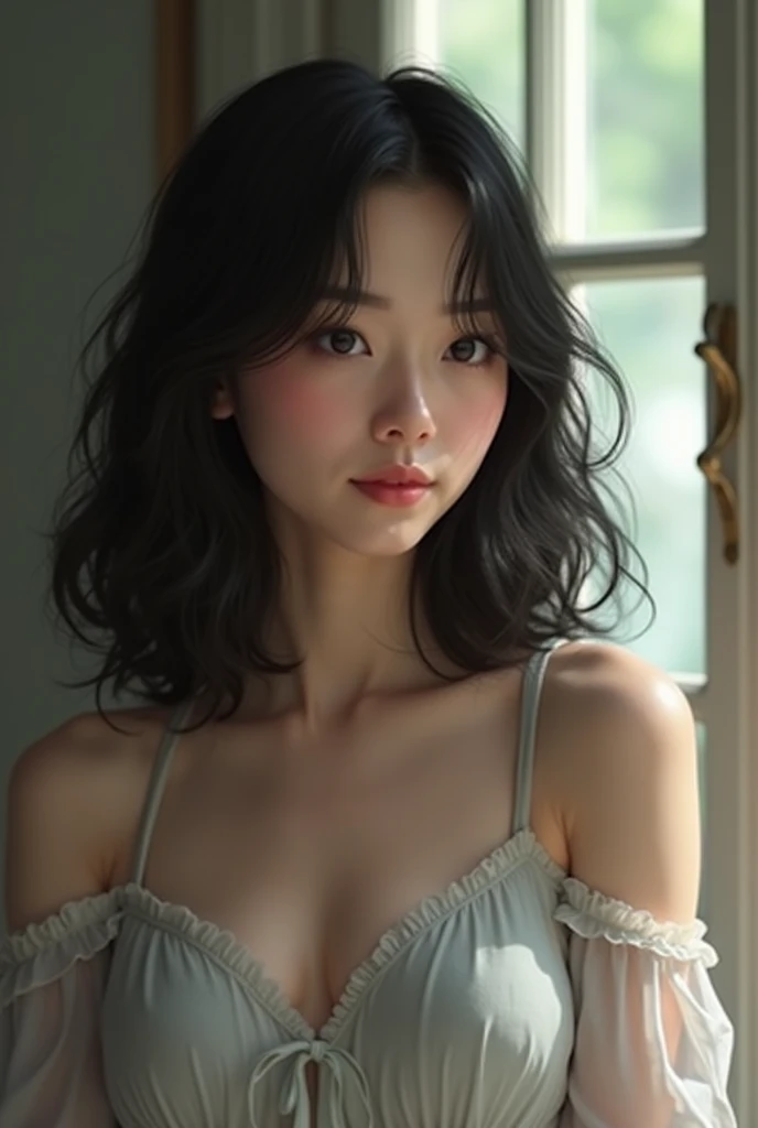(photorealism:1.2), beautiful girl, . She has short, curly shoulder-length hair and a large bow in the back of her hair. Both cheeks are covered with hair. She has big breasts