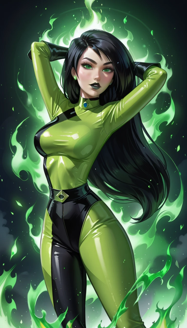 <lora:Sugimori_Ken_Style_v2:1>,((masterpiece,best quality)), absurdres, <lora:GreenGoth_Dim32:0.8>, GreenGoth, green eyes, black hair, goth, black lips, long hair, thigh boots, black thighhighs, fishnets, skirt, green bikini, solo, smiling, smug, looking at viewer, cowboy shot, green fire, cinematic composition, dynamic pose,