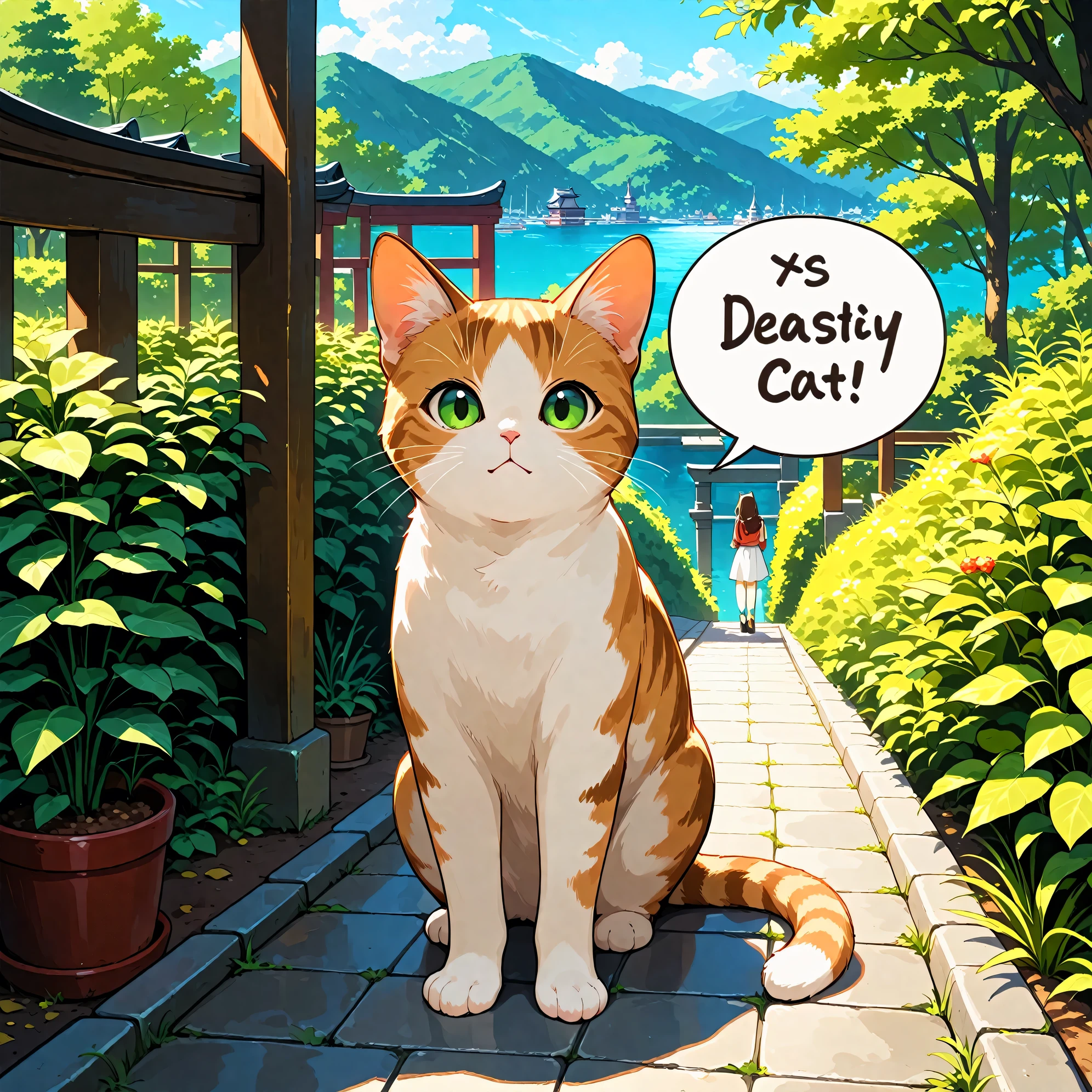 (masterpiece), (best quality), (ultra-detailed), Accompanied by a cat, (cute cat), outdoors, cat world, absurderes, Hi-Res, ultra-detailed, BREAK, Expressive lettering, Elegant décor, Design images featuring beautiful calligraphy with craftsmanship and skill。