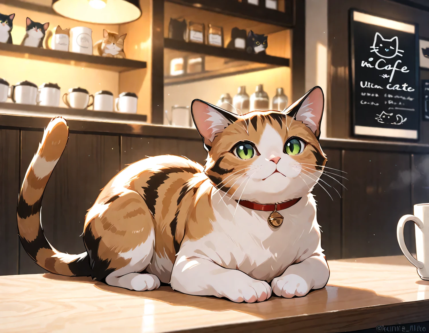 (masterpiece), (best quality), (ultra-detailed), cat cafe, cat focus,drinking cat, no human, cinematic lighting
