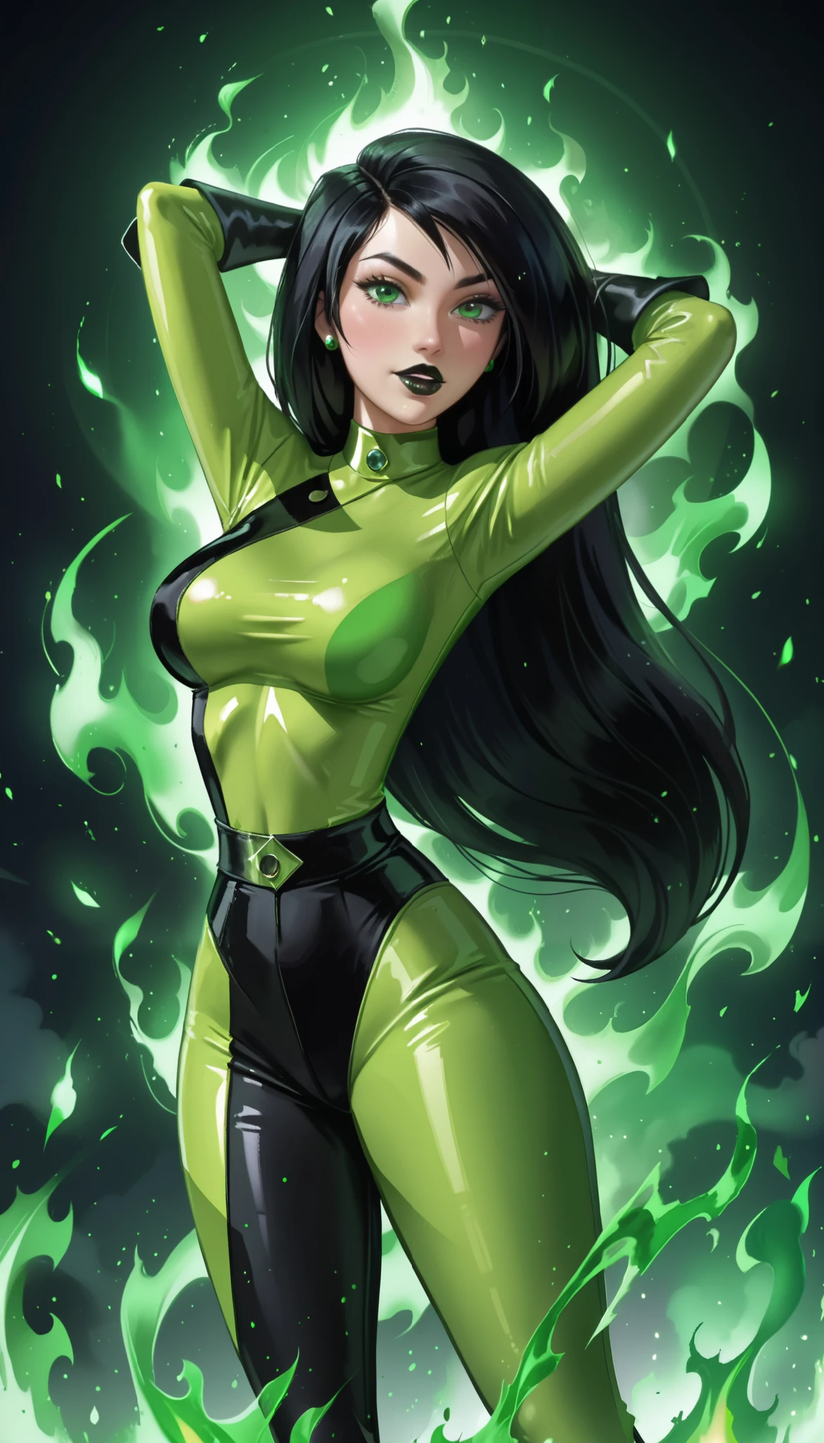 score_9, score_8_up, score_7_up, shego, shego from kim possible, beautiful aesthetic, very intricate, high quality details,1girl, Go, colored skin, green skin, black lipstick, black hair, green eyes green bodysuit, gloves, mature, 18 years old, sexy pose, green fire, green fire hands, hands behind her head, dancing, hips swaying