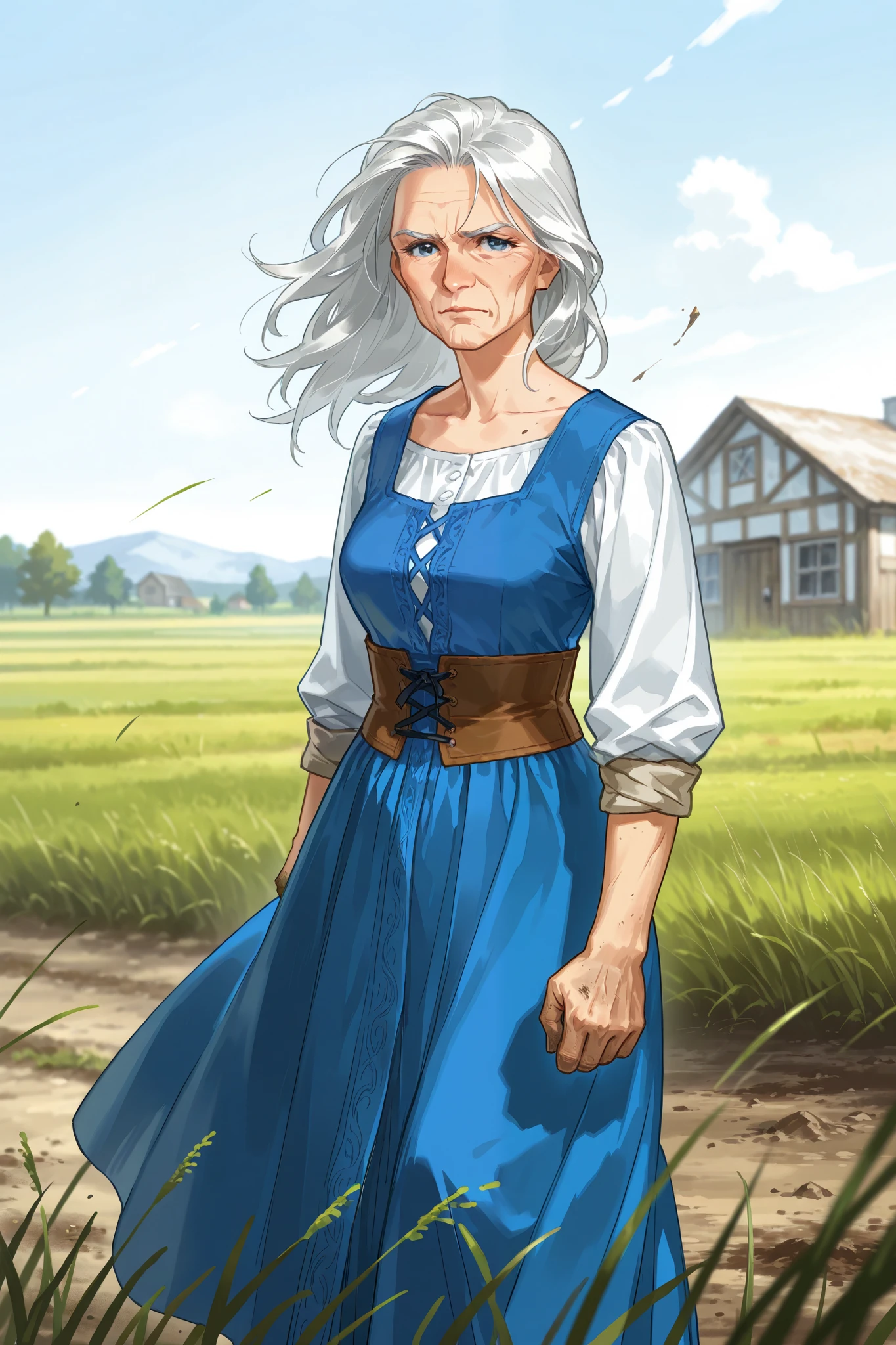 Human, solo, female, short frizzy white  hair, wrinkles, elderly, wearing an 18th century peasents dress, [[determined]], tough, rolled up sleeves, dirt covered hands, standing outside a farmhouse,  colonial style buildings, sunny day, wind in grass, [[caviler era clothing, pirate era,ndungeons and dragons, fantasy art, close up, npcp