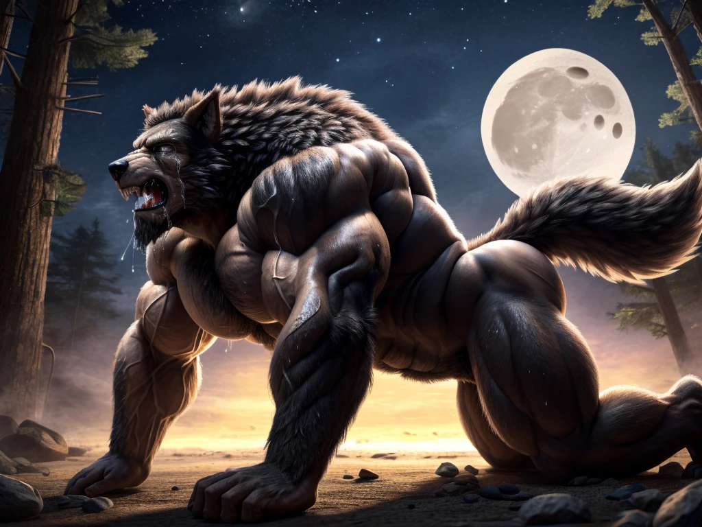 A burly, virile, and hairy werewolf with distinct wolf ears and a bushy tail, standing tall and proud against a full moonlit sky. His fur is thick and majestic, framing a powerful physique that is overmuscular and musclebound to the extreme. His broad shoulders and massive chest are accentuated by a thick mane of fur that cascades down his torso, while his overly thick arms and legs are covered in a lush, dark fur. The werewolf's body is a hulking figure, swelling with swollen muscles, veins bulging against his skin. His face is dominated by a long, bushy beard and a thick mustache, and his hair, which is beginning to grey with age, only serves to add to his rugged and imposing appearance. He is dressed in a traditional fundoshi, a Japanese loincloth, which struggles to contain his immense size and bulk. The werewolf's eyes glow a chilling shade of amber, reflecting the power and ferocity that simmers just beneath the surface of his burly exterior.