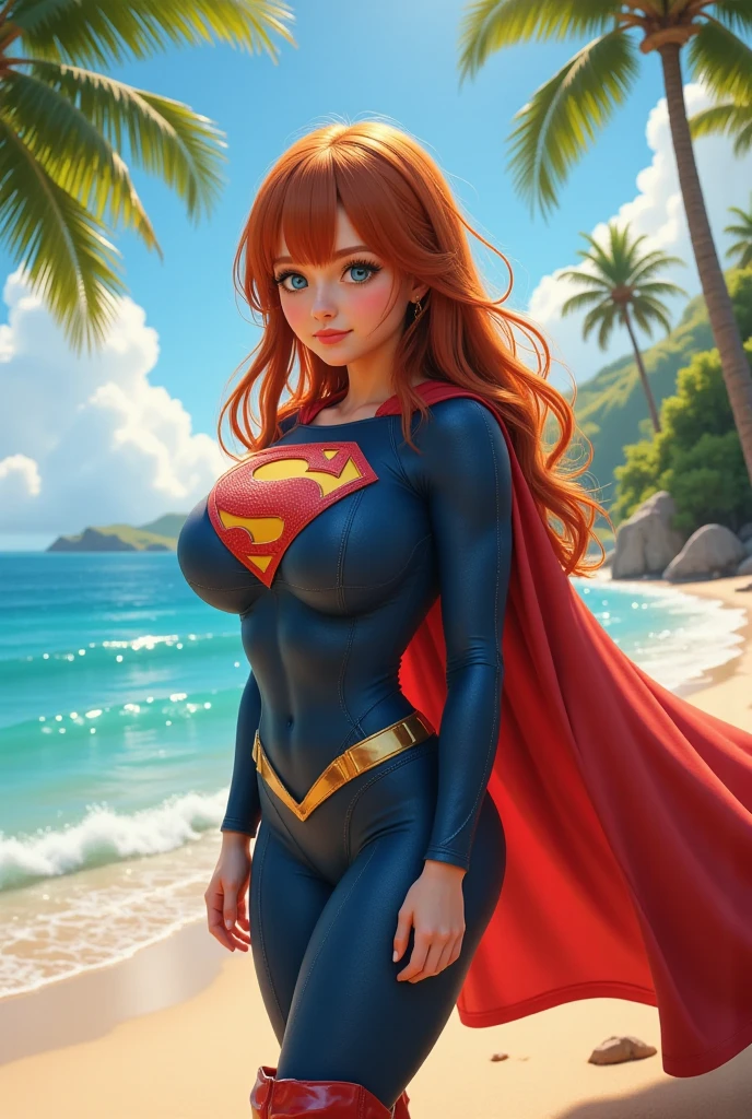 Supergirl, 27 years old, full body view, full body view, full body view, Beautiful woman shoulder length curly strawberry blonde hair, two side up with bangs, ringlets, shoulder length curly strawberry blonde hair with bangs, two side up, ringlets, shoulder length curly strawberry blonde hair with bangs, two side up, ringlets, defined body, (large_breasts:1.5) Red lipstick, smiling slightly, hands free, standing facing camera, (( blue red and yellow one piece swimsuit of Supergirl )), tropical beach daytime (curvy:1.2)