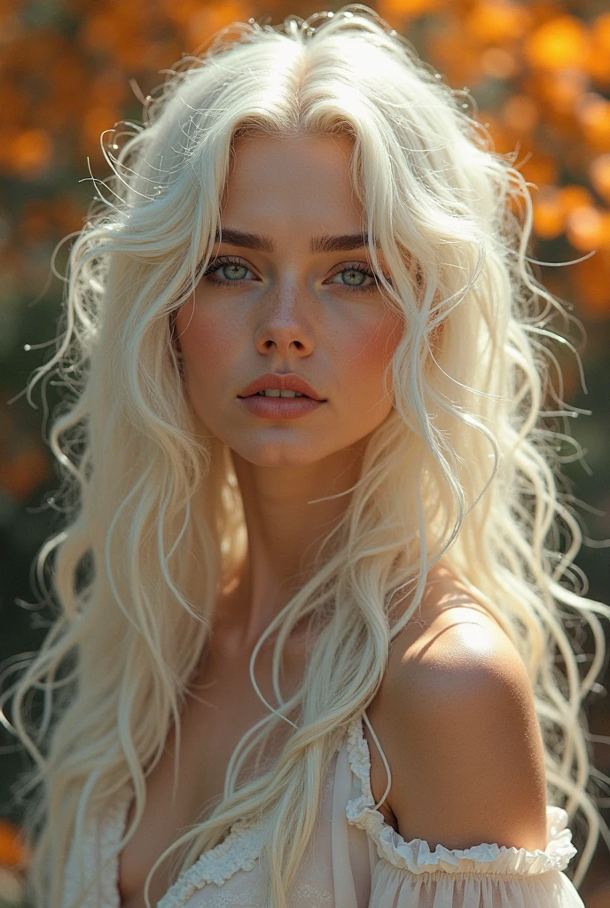 Create a portrait of Gabriels, an androgynous and ethereal figure. He has long, platinum curly hair that flows elegantly. His body is toned and sleek, with no emphasis on traditionally feminine features. His skin is silky smooth, and his striking gold eyes are intense and captivating. Include a beauty mark on the right side, just below his lip. Ensure that the overall appearance maintains a balanced, regal, and graceful demeanor without highlighting cleavage. The background should reflect a celestial or divine setting to enhance his otherworldly presence.
