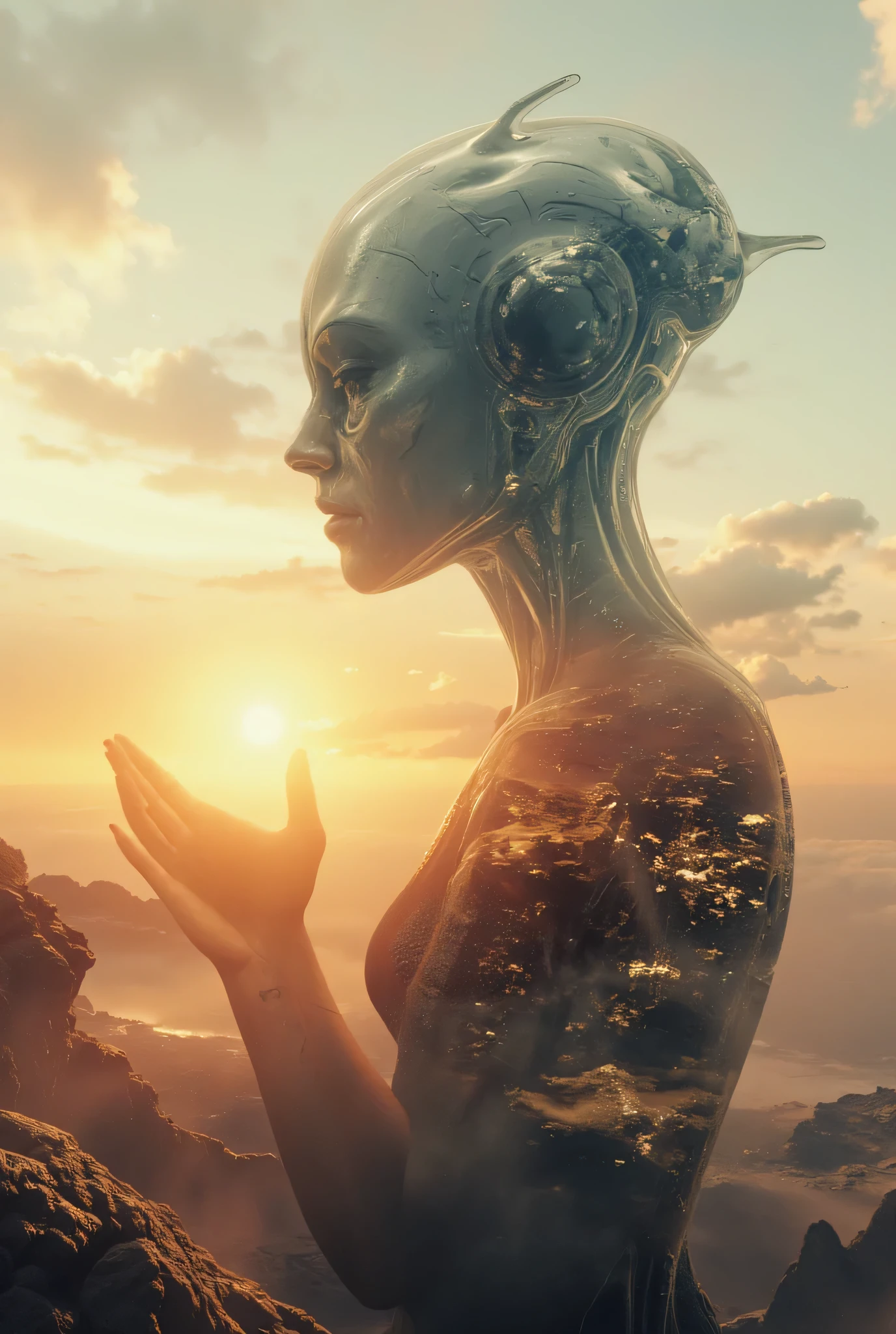 high quality, 8K Ultra HD, Uma bela double exposure que combina uma silhueta de humanoide alienígena, gray, with the coast at sunset , On a fantastic planet,Delicate hands trying to touch the distant planet , the coastline at sunset should serve as a backdrop, with its details embedded in the humanoid, sharp lines, The background is monochrome, sharp focus, double exposure , in colors, Spaceship clear in the sky