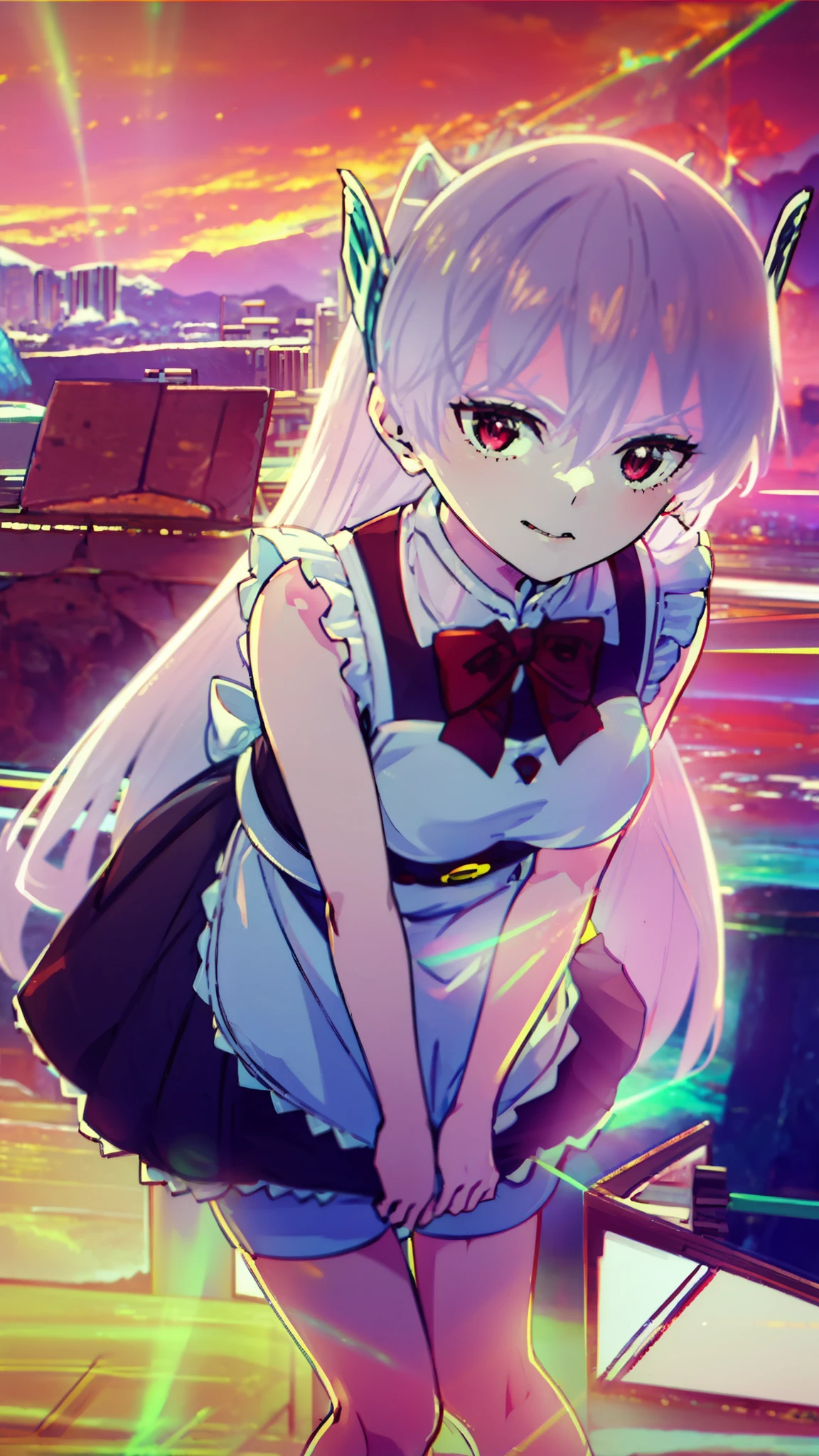 Excellent Performance, high resolution, alone, 8k, Details, Gorgeous Face, (Very high quality), is watching , collarbone, Medium Breasts, navel, stomach, abdomen, armpit, side chest, Pink Hair, Red-eye, slim figure, smilecrop top, white singlet shirt, Denim Shorts, Mini Short , shy, Perfect fingers and a cute greeting stand