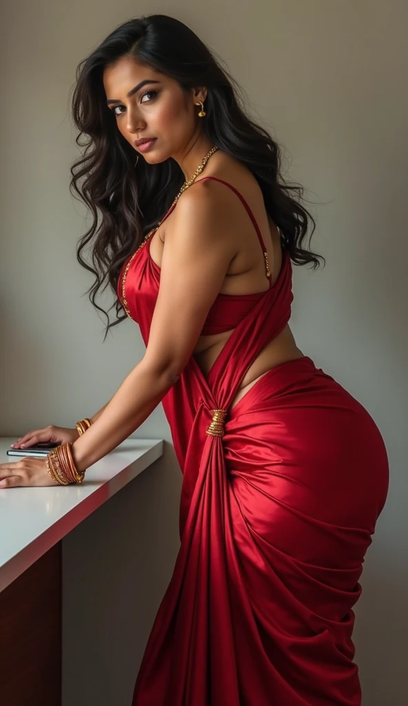 RAW, Best quality, high resolution, masterpiece: 1.3), beautiful indian 35 year old woman standing messy straight hair,Masterpiece, large round butt, back towards viewer, looking at viewer,perfect slim fit body, Huge breast,big gorgeous eyes, Soft smile,thick thighs, red saree ,beautiful masterpiece, fine details, morning bedroom, Excellent lighting, Bright colors, Clean lines. 