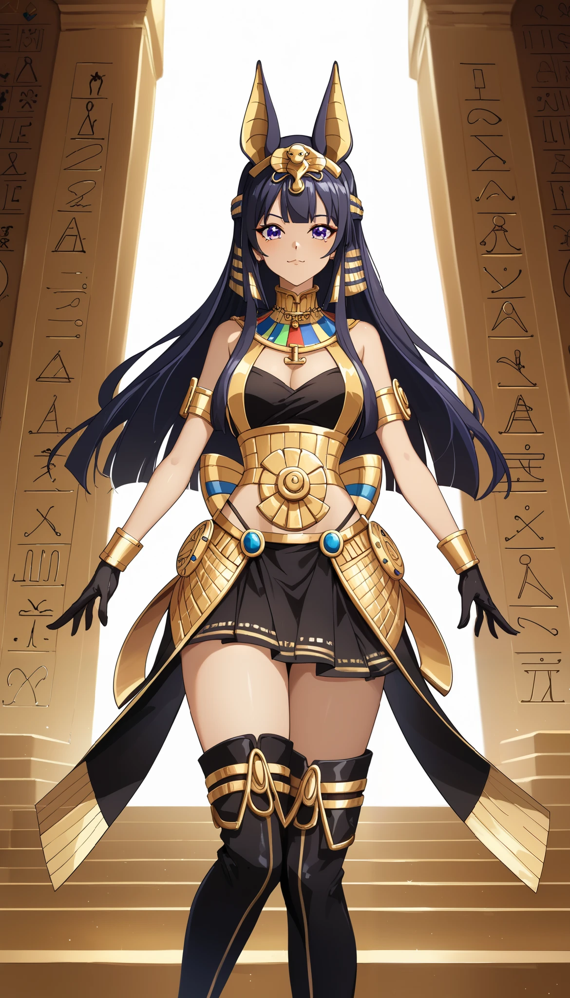 1 girl、kazanari_tsubasa、Egyptian Anubis motif black and gold layered dress, black one-piece dress with golden decorations, (gold-trimmed high collar), sleeveless, (golden Egyptian-style patterns on bodice), mini skirt attached to bodice, luxurious layered skirt, (golden embroidery on hem), wide A-line silhouette, golden waist belt with hieroglyph-inspired engravings, (golden arm cuffs), (black and gold headdress with Anubis ears), black and gold choker with ankh symbol, black gloves with golden trims, (black thigh-high boots with gold accents),