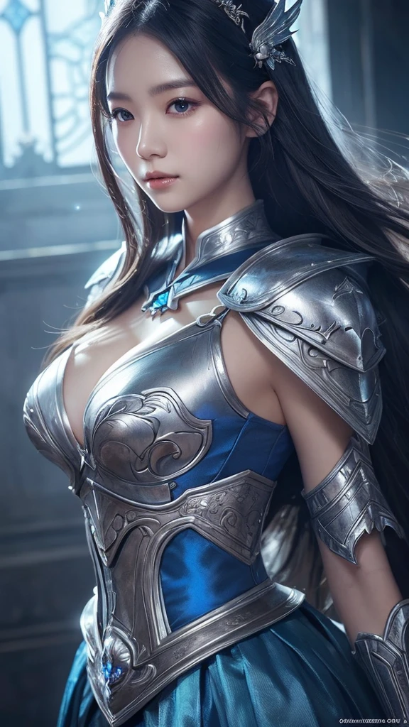 a close up of a woman in a silver and blue dress, chengwei pan on artstation, by Yang J, detailed fantasy art, stunning character art, fanart best artstation, epic exquisite character art, beautiful armor, extremely detailed artgerm, detailed digital anime art, artgerm on artstation pixiv, armor girl