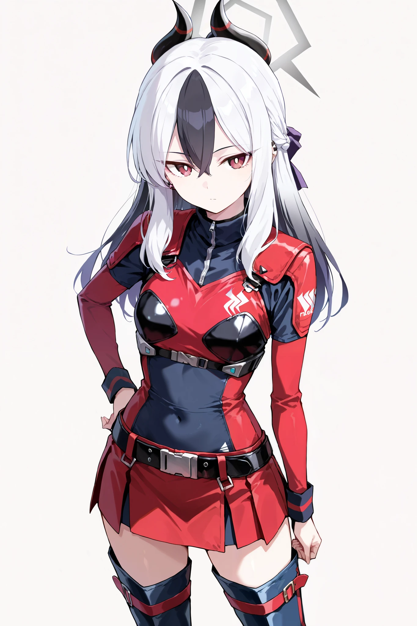 score 9, score 8 up, score 7 up, ultra-detailed, (best quality, masterpiece, ultra detailed, ultra high res, absurdres, high-resolution, highest quality, very aesthetic, textile shading), source anime, (detailed eyes), (detailed face), , , BREAK, 1girl, (suien), (kayoko /(blue archive/), alternate costume, cosplay, (kirin /(armor/)), posing, thigh boots, single horn,