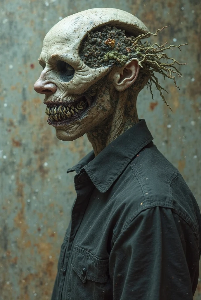 masterpiece, Highest quality, Realistic, Cinematic, Detailed face, 8k, Ultra-high resolution, シャープなフォーカスmovieのような写真 , Highest quality, Super detailed, 8k, mysterious, Messy green hair, 35mm photo, movie, Bokeh, Professional, 4K, Very detailed、male、Topless,Very ugly、Dirty skin,movieのような雰囲気、Big black pants,The green hair is messy,、Has two sickles、Very dirty、The background is an abandoned old Japanese town.、Japanese、Surprisingly skinny,There are many warts on the face、Skin and bones,Big black pants,There are many warts on the face、Morbid thinness、Has two sickles、Very scary、不気味なmale、The eyes are small and droopy,The nose is very low and flat,Mouth open,Shark-like teeth,Pure white, bloodless skin,