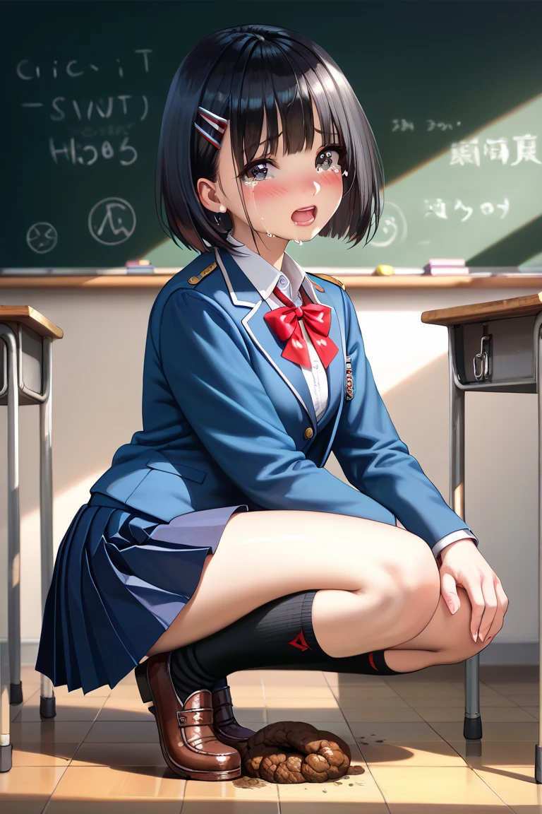 (top-quality、in 8K、32K、masterpiece、nffsw、超A high resolution、Impresionismo、Photorealsitic:1.2)、Colossal tits、cowboy shot, detailed faces and eyes、 Inside the classroom、Schools、Evening glow、beauitful face、blurry backround、16-year-old beautiful girl、shinny skin、short-hair、Beautiful blue hair、Blunt bangs、Black eyes、(Katyusha:1.2)、Open Dark Blue Blazer、White blouse、Red-white checked tie、Grey Check Pleated Mini Skirt、Curve、Stand on one knee、(Pink panties are visible:1.2)、Smile with open mouth、Opening legs