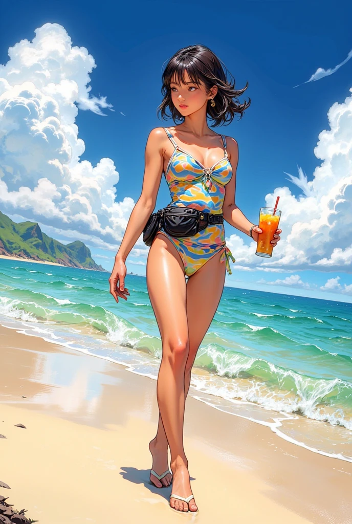 pin up painting, flat color, a girl, Asian, black hair, sunglass, bikini, naked topless nipples areola, smiling, happy, standing on the beach