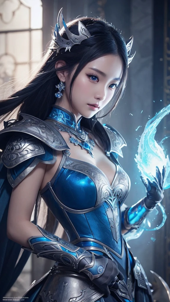 Close-up of woman in silver and blue dress, Chengwei Pan at Art Station, Jan J, Detailed fantasy art, Amazing character art, Fan Art Best Art Station, Magnificent and elaborate character art, Beautiful Armor, Highly detailed art gems, Detailed digital anime art, Art Station pixiv's artgerm, Girl in Armor, (((Boxing gloves)))