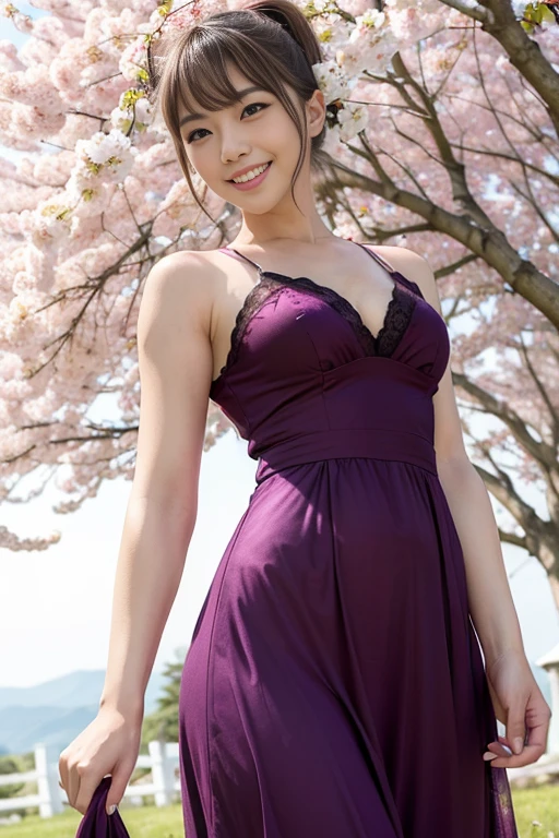 (highest quality, 8k, 32K, masterpiece, Hmm:1.2), Photos of cute Japanese women, (anime illustration:1.5), break, (looking at the viewer, full body), (one beautiful woman with perfect body:1.5, Slender abs beauty, 15 year old girl, (Improve:1.4), (big breasts:1.2), (fine black eyes, innocent eyes:1.1, Big eyes), (ponytail, blonde hair and brown hair, floating hair), Improve makeup, cleavage, (detailed background:1.2), (show cotton panties:1.4), (Wearing a dark purple sexy party dress:1.4), (skirt lift:1.4), (spread legs), earrings, necklace, bracelet, (NSFW), skirt_lift, shirt_lift, A quiet forest with a waterfall,