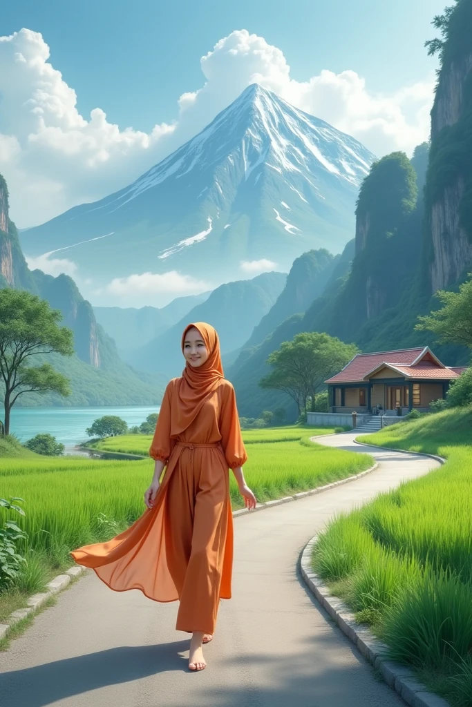 Create a whimsical and imaginative photography edit featuring a Malay girl in hijab wearing sportswear, who finds herself trapped in a fantastical world. Beside her, introduce a weird, funny, and cute creature that embodies the charm and peculiarity of this magical realm. Use creative editing techniques to seamlessly blend the girl, the creature, and the fantasy landscape together, ensuring a harmonious and visually captivating composition. Play with color grading and lighting effects to enhance the dreamlike atmosphere of this encounter. This photography edit should transport viewers into a delightful and enchanting alternate reality.