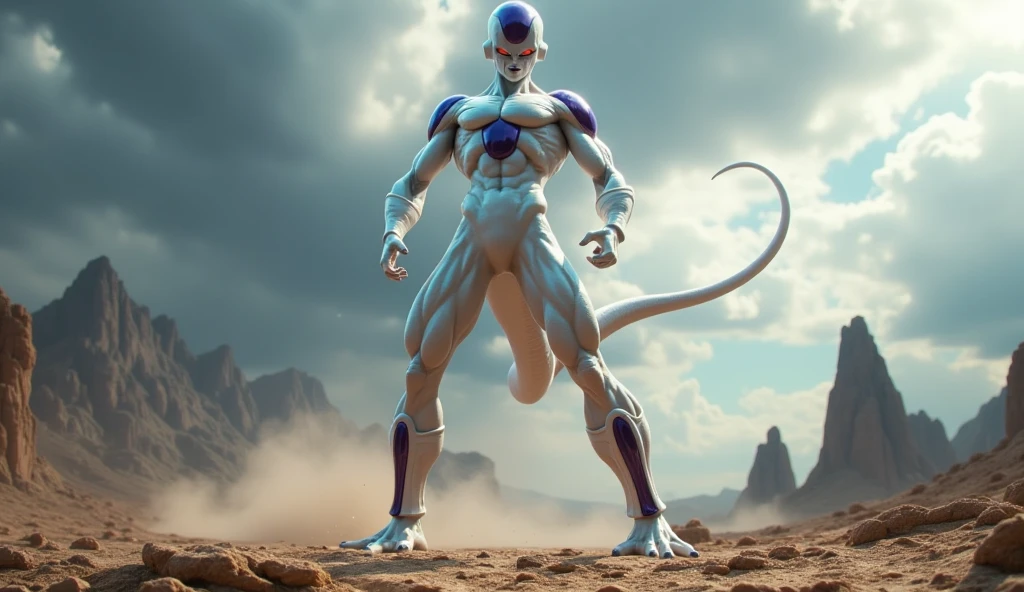 ((Frieza)), female, woman version, Transformado em forma final、Dragon Ball Z, Breats enormes、batalhas、Lutando、Action、beautiful expression、serious faces、olhando para baixo、tail、olhos vermelhos、Corpo machucado、Corpo Perfeito、corpo tonificado、Esbian de corpo inteiro、body fıt、Abdominals、musculatura,