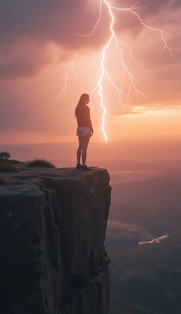 "Generate an image of a solitary figure standing at the convergence of two opposing landscapes: one lush and verdant, bursting with life, and the other barren and desolate, devoid of vegetation. The figure, with their eyes closed and arms outstretched, is suspended mid-air, their body partially merging with the elements of both landscapes.On the left side, where life flourishes, the figure's skin transforms into intricate patterns resembling blooming flowers and twisting vines, while on the right side, where desolation reigns, their skin takes on the texture of cracked earth and jagged rock formations.Above the figure, a surreal sky swirls with conflicting weather patterns: thunderstorms clash with gentle breezes, and rainbows pierce through dark clouds. In the midst of this tumultuous sky, a radiant sun and a luminous moon share the same celestial space.As the viewer contemplates this surreal scene, they are invited to reflect on the duality of human existence and the intrinsic connection between the individual and the natural world."