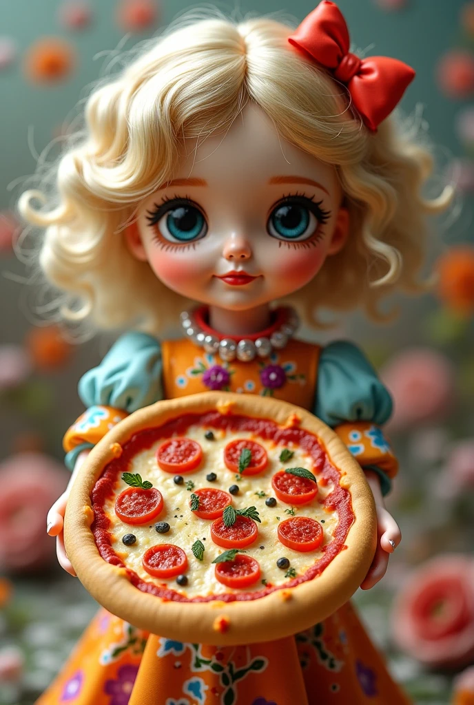 Long blonde girl hair braids , pizza.