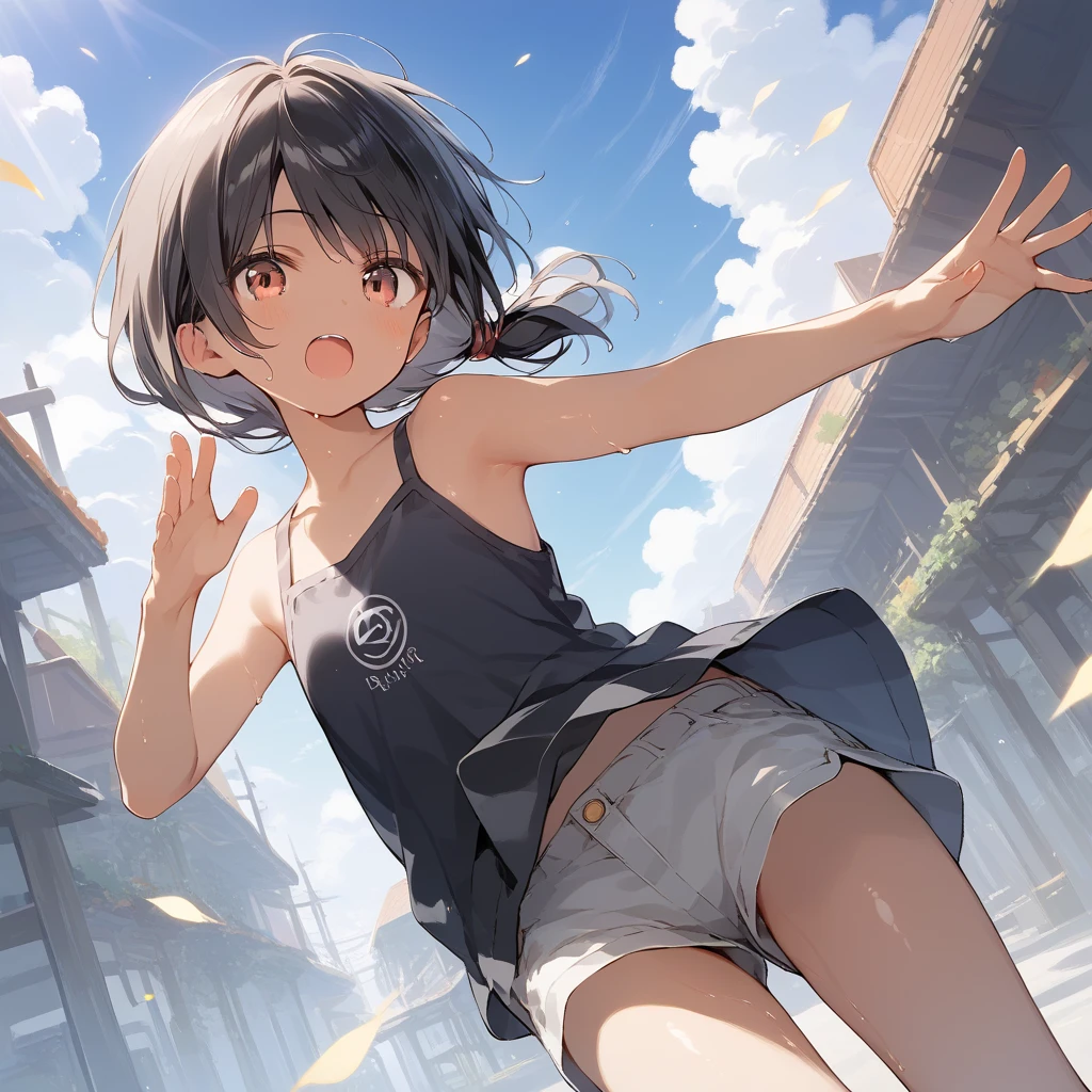 score_9, score_8_up, score_7_up, source_anime, best quality, masterpiece, official art, absurdres, highres, ultra-detailed,waifu2x,Collection: Slice of Life,break,1girl, tomboy, dark-skinned female, short hair, low ponytail, flat chest, beautiful detailed eyes, short shorts, sweat, open mouth, (yawn:0.3), sleepily, outdoors, wind, break,(clear line illustration:1.2),very high resolution, very aesthetic, super detailed skin, Best sexual lighting powered by famous artist, 8k,cute picture,beauty illustration,photoshop_(medium),,(Detailed Lighting),best anime 8k konachan wallpaper, pixiv contest winner,