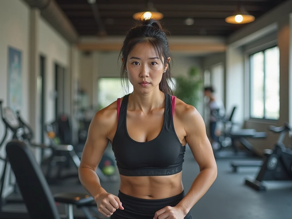 An Asian woman working out in the gym