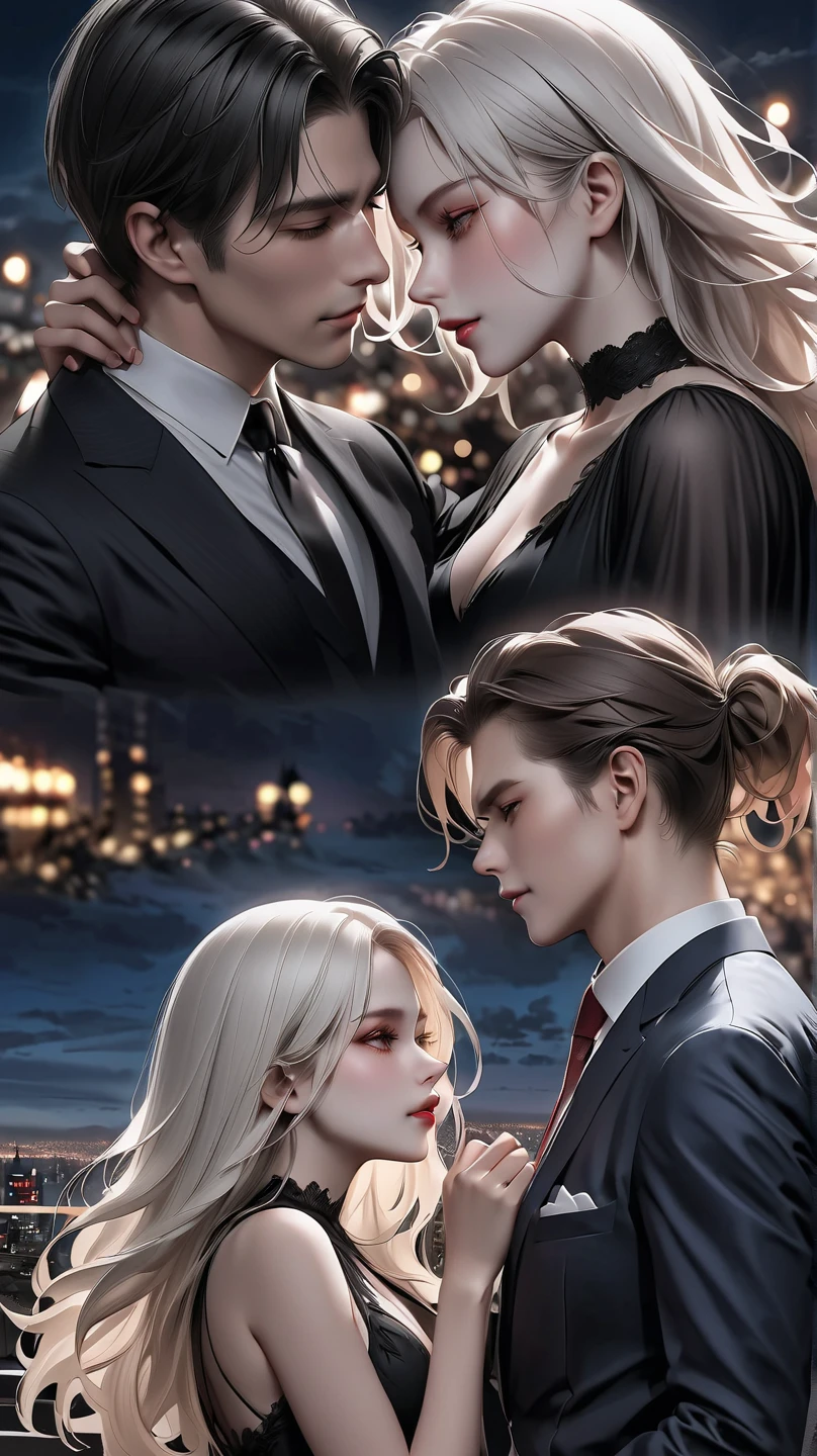 (( big man short brown hair ))with ((1woman blonde long hair)),  simple background ,art style guweiz , simple background , bokeh , lovers , couple , art style guweiz , simple background , bokeh , lovers , couple