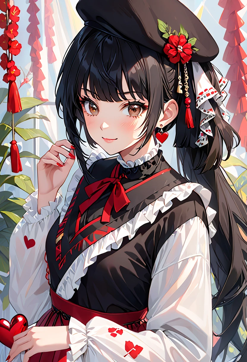 (8K, Best Quality, Masterpiece, Ultra High Resolution) 1 Girl, Very Young, Beautiful Eyes, Face Details, Black Hair, Pigtail Braids, Red Eyes, Pale Skin, Short Formal Dress, Cute Black Dress, Standing in Japanese Castle, Masterpiece, Best Quality, Upper Body, Looking at the Viewer, Close Up