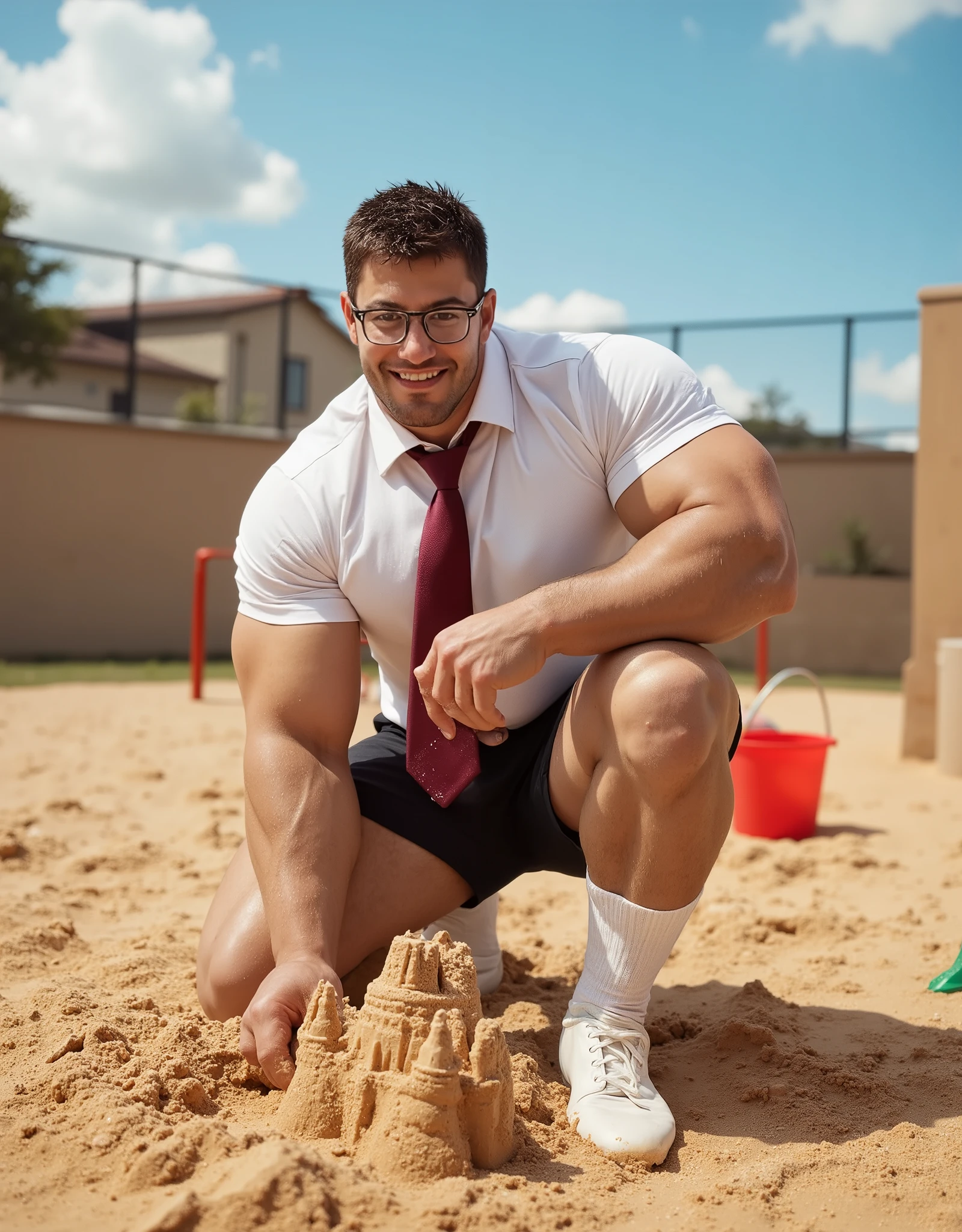 Masterpiece, Accurate, Award Winning, Best Quality, Extremely Detailed, 8K, HD, Super-Resolution, Realistic Textured Hair and Skin, ultra-photorealistic. A ((tall, very muscular man)) with ((short spiky brown hair, thick-framed glasses, and a strong jawline)) kneels in a ((large outdoor sandbox during school playtime, surrounded by warm golden sunlight and a bright blue sky)). His ((broad chest and massive arms strain against a tight, short-sleeved white shirt, neatly tucked into tight black school shorts that hug his thick, powerful thighs and muscular glutes)). A ((deep-red tie rests against his thick neck, slightly loosened from playful activity)). His ((white knee-high socks and polished white school shoes are slightly dusted with sand, showing his enthusiasm and immersion in play)). He has a ((bright, joyous smile, his eyes gleaming behind his glasses as he scoops up a handful of sand, letting it spill through his fingers like a carefree , his muscular form contrasting playfully with his youthful energy)). Around him are ((scattered plastic sand toys—small shovels, a bright red bucket, and a partially built sandcastle, reinforcing the nostalgic and whimsical schoolyard atmosphere)). In the background, the ((schoolyard is visible, with a few empty swings and colorful play structures under the midday sun, casting soft shadows on the warm ground)). Camera: ((medium close-up shot, slightly low angle for a dynamic and playful feel)). Lens: ((Canon RF 50mm f/1.2L for crisp details and soft depth)). Shutter speed: ((1/800s to capture sand movement and his lively expression)). Aperture: ((f/2.0 for subject emphasis while keeping background elements subtly blurred)). Lighting: ((bright natural sunlight with soft reflectors enhancing his warm expression, muscular definition, and the texture of the sand and playground elements)).