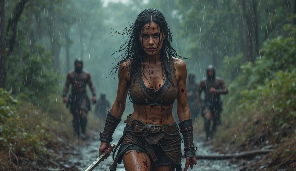 A naked tanned red-haired woman warrior with dark brown, her skin is dripping with sweat and is dirty, filthy, and with large bloodstains, She has a deep bite wound on her left shoulder, dressed only in an animal skin loincloth, and an energy sword attacked by a tyrannosaurus. very dramatic, cinematic shot, shot from a movie, cinema composition shot, very detailed, high resolution, professional color, wonderful light, daylight, 300k resolution, highly realistic, lots of details.