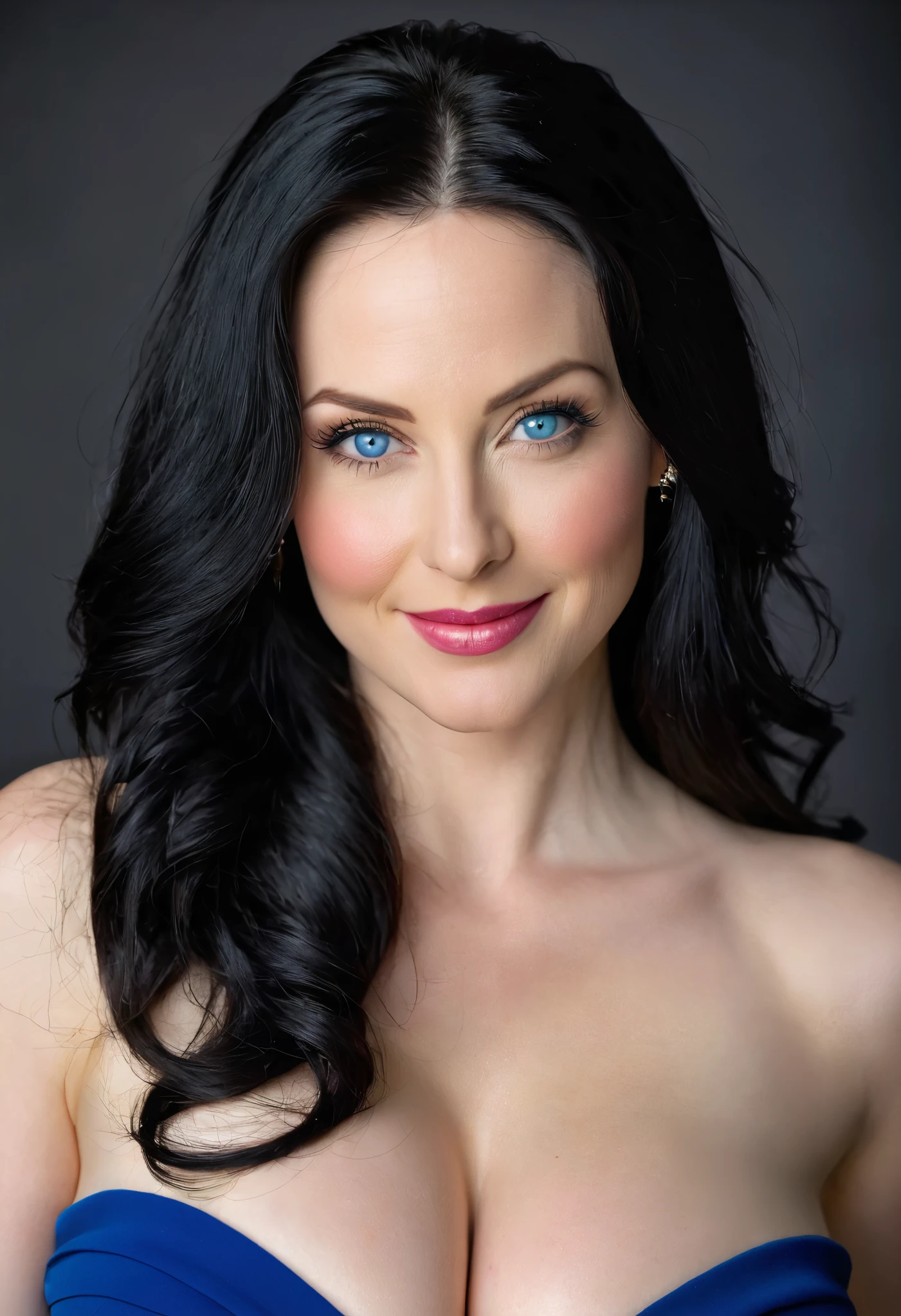 FACE SHOT OF BEAUTIFUL BOMBSHELL BLACK HAIR WOMAN, 35 YEARS OLD, LONG BLACK HAIR, VERY PALE SKIN, BLUE EYES, EXPRESSIVEEYES, STRONG BLUE COLOR ON EYES, LOVELY FACE EXPRESSION, CLOSED MOUTH SMILE, GORGEOUS LIPS, ROSY CHEEKS, HIGH CHEEKBONES, MENTAL FORAMEN, HUGE GORGEOUS BREASTS, VOLUMOUS BREASTS, STRAPLESS CLEAVAGE, ATHLETIC CURVY BODY, FRONTAL ANGLE SHOT, BLACK BACKGROUND, DIFUSED LIGHTS, YELLOW BACK LIGHTS, MASTERPIECE
