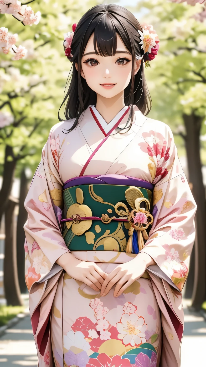 ((smile))((Knee))((long black straight hair))、(青い Flowery 立っている姿)、( Flowery 立ち姿)、( Flowery )、(like flowers )、(The scent of flowers)、( everyone is fascinated )、( pale cherry blossom の色)、( light pink plum color )、(Pale pink flower)、(Light moonlight )、((Top Quality、Top Quality、最高masterpiece、Delicate、masterpiece、beautiful and beautiful、long of Japanese court women in the Heian period, Jet black hair and beautiful , round, dark eyes.、 gentle gaze 、white cheek))、 ( formal attire for Japanese women in the Heian period )、Holding a fan、Imperial Palace、 pale cherry blossom 、 pale cherry blossom の花びら、Highly detailed and elaborate 、super realistic、 Super Beautiful Graphics